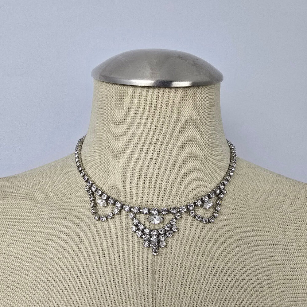 Vintage Silver Tone Crystal Collar Necklace